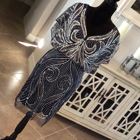 Aidan Mattox Dresses & Skirts - Aidan Mattox heavily beaded back zip dress, navy with silver, size 6